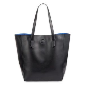 RARE Macy's Oversized Black Faux Leather Tote Bag Lined with Blue Fabric